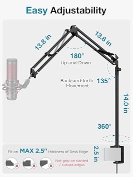 InnoGear Desk Mic Stand, Overhead Mic Boom Arm Microphone Stands High Riser for Blue Yeti Snowball HyperX QuadCast SoloCast Fifine Shure SM7B and Other Mics, MU-HP025