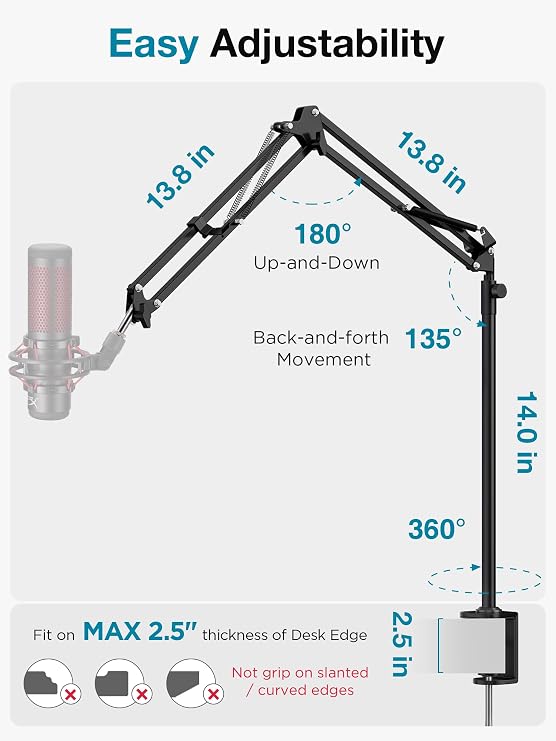 InnoGear Desk Mic Stand, Overhead Mic Boom Arm Microphone Stands High Riser for Blue Yeti Snowball HyperX QuadCast SoloCast Fifine Shure SM7B and Other Mics, MU-HP025