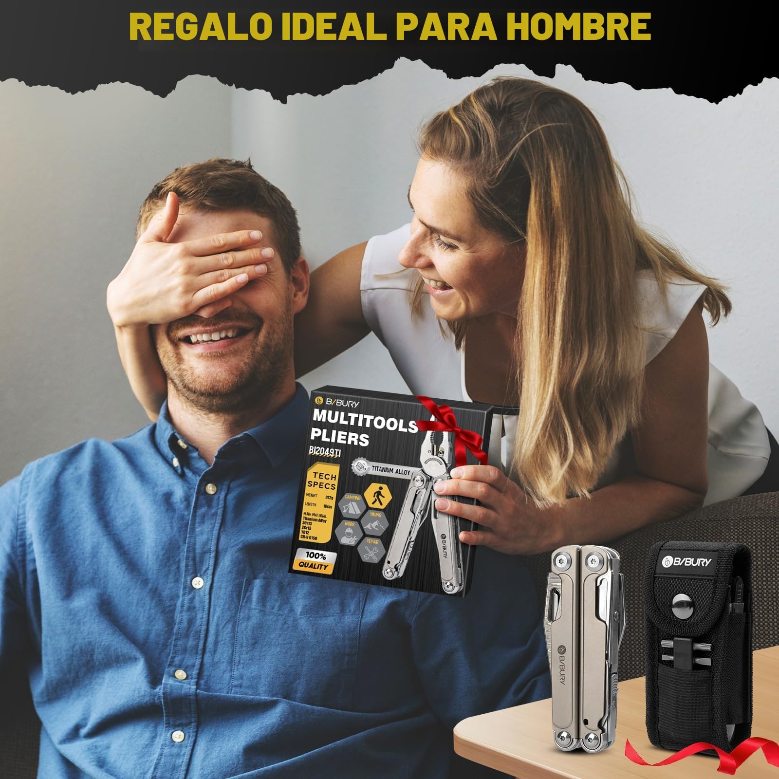 BIBURY Multiherramienta Titanio y Acero Damasco - Alicates Multiusos con Navaja Supervivencia, Tijeras, Sierra Intercambiable y Puntas - EDC Multitool para Camping, Reparar y Regalo Hombre BI2049TI