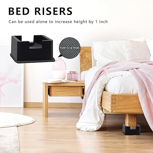 Miniatura 4 de Sunifier Elevadores de cama de 2 pulgadas (1+1 pulgada) resistentes, ajustables para patas con ruedas, elevadores de cama para mesa, sofá, gabinete,
