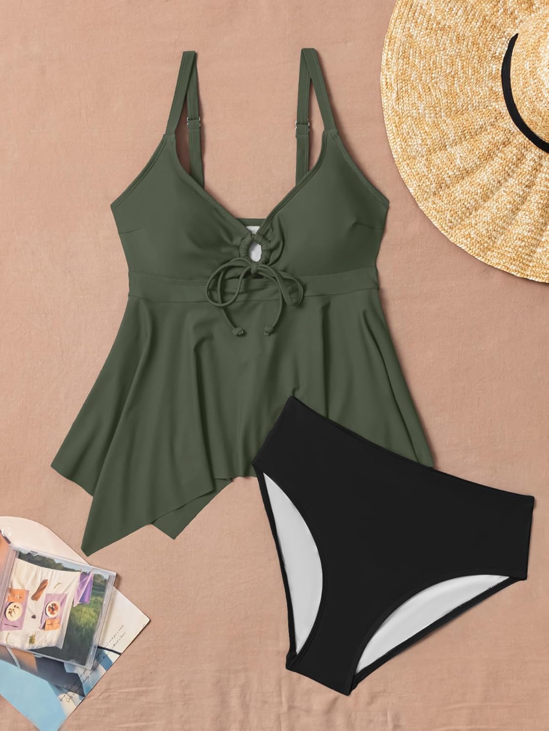 Tankini Swimsuit for Women Tummy Control Two Piece Bathing Suit V Neck Flowy Swimwear Top with Bottom - Image 5