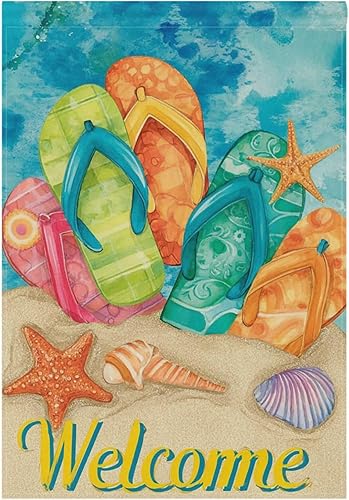 Bandera para casa con diseño de sandalias, 28 x 40 pulgadas, doble cara, diseño tropical de estrella de mar, conchas y arena, letrero de bienvenida