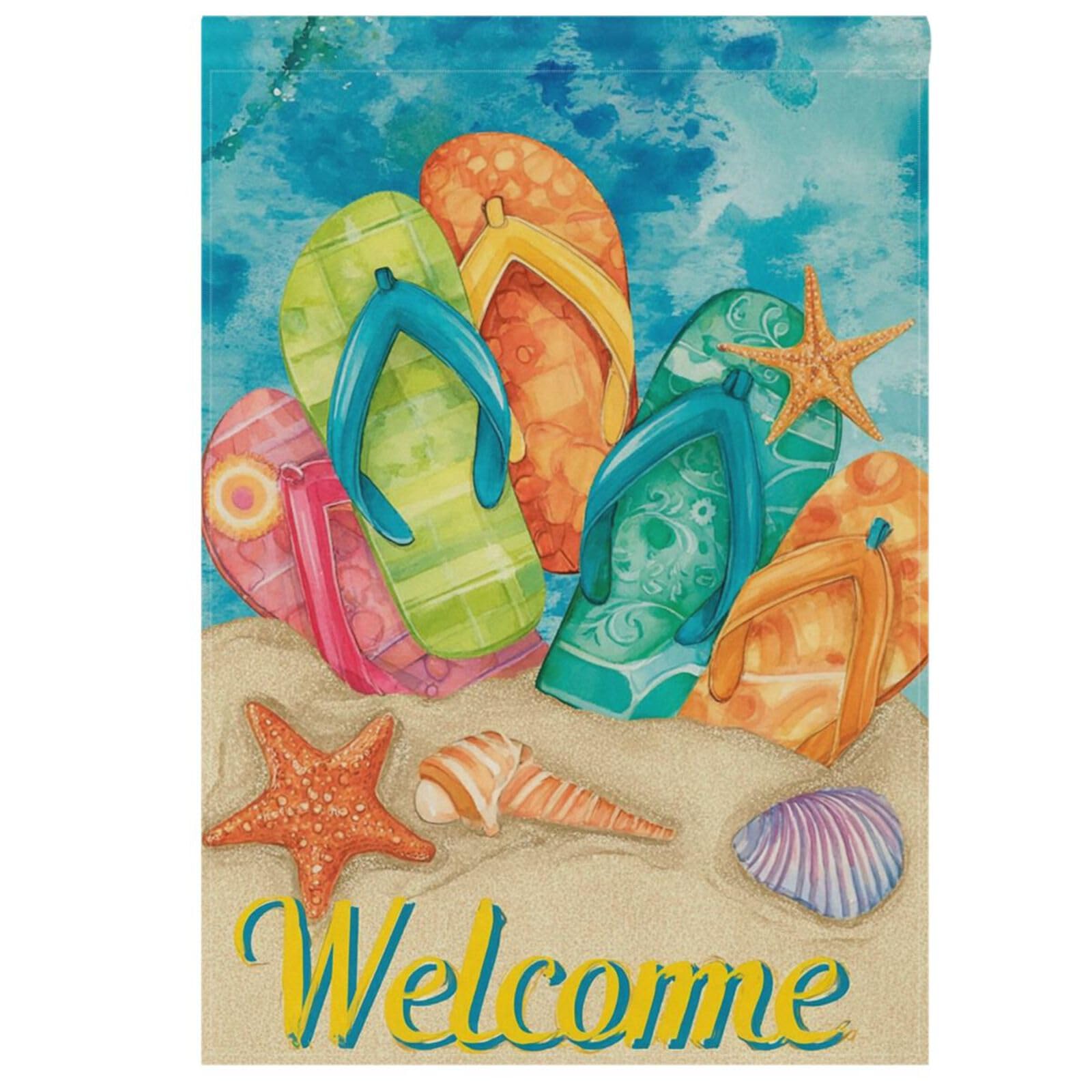 Wamika Summer Beach Flip Flops Garden Flag 12 x 18 Double Sided Tropical Nautical Starfish Shell Sand House Yard Flags Welcome Hello Summer Outdoor Indoor Banner for Party Home Decorations