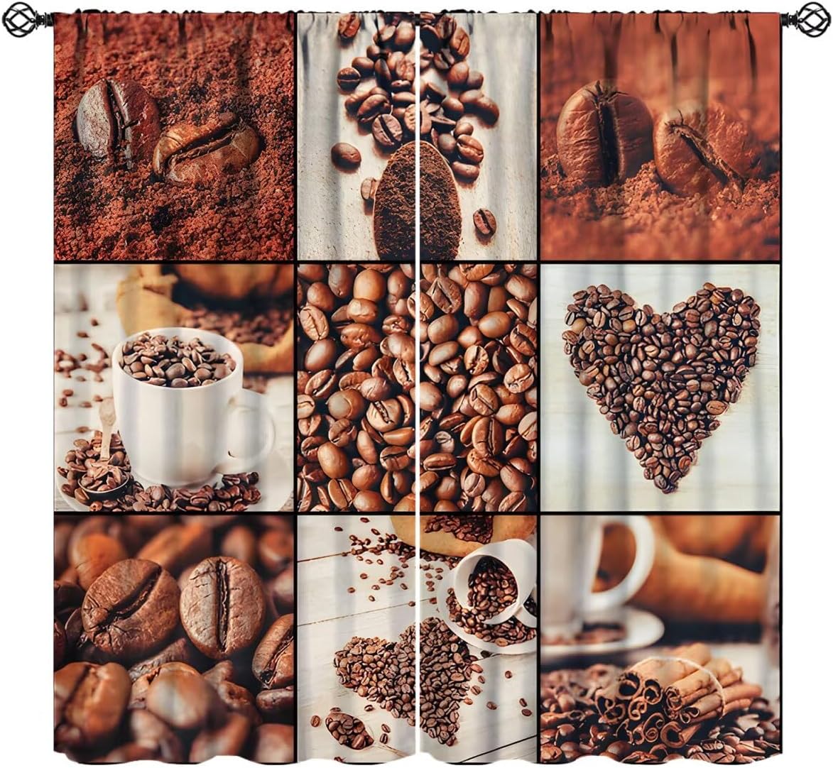 Rustic Coffee Blackout Curtains, Vintage Espresso French Press Turkish Coffee Bean Brewing Equipment Print Window Treatment for Kitchen Cafe Bedroom Living Room, 72" W X 63" L