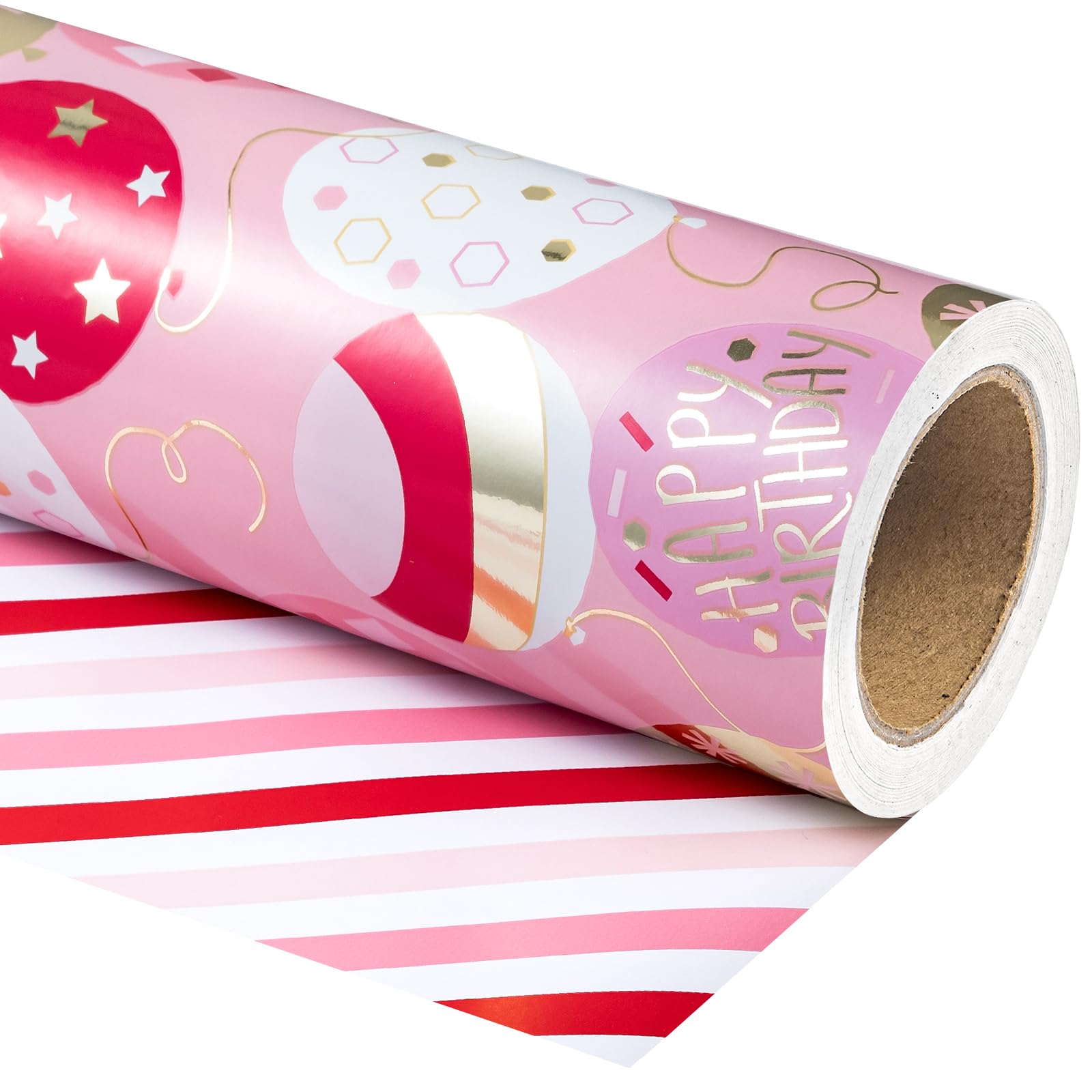 Reversible Birthday Wrapping Paper Roll - Metallic Silver & Pink Stripes (17x32.8 Feet) Mini Size