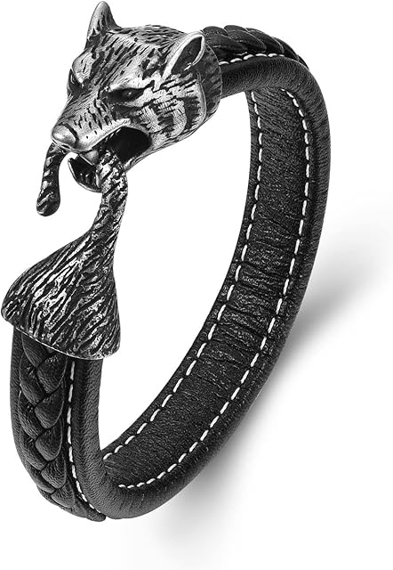 PiercingJak Mens Stainless Steel Wolf Head Viking Bracelet Vintage Wolf Head Gothic Bracelet Black Genuine Leather Braided Bracelet Wristband