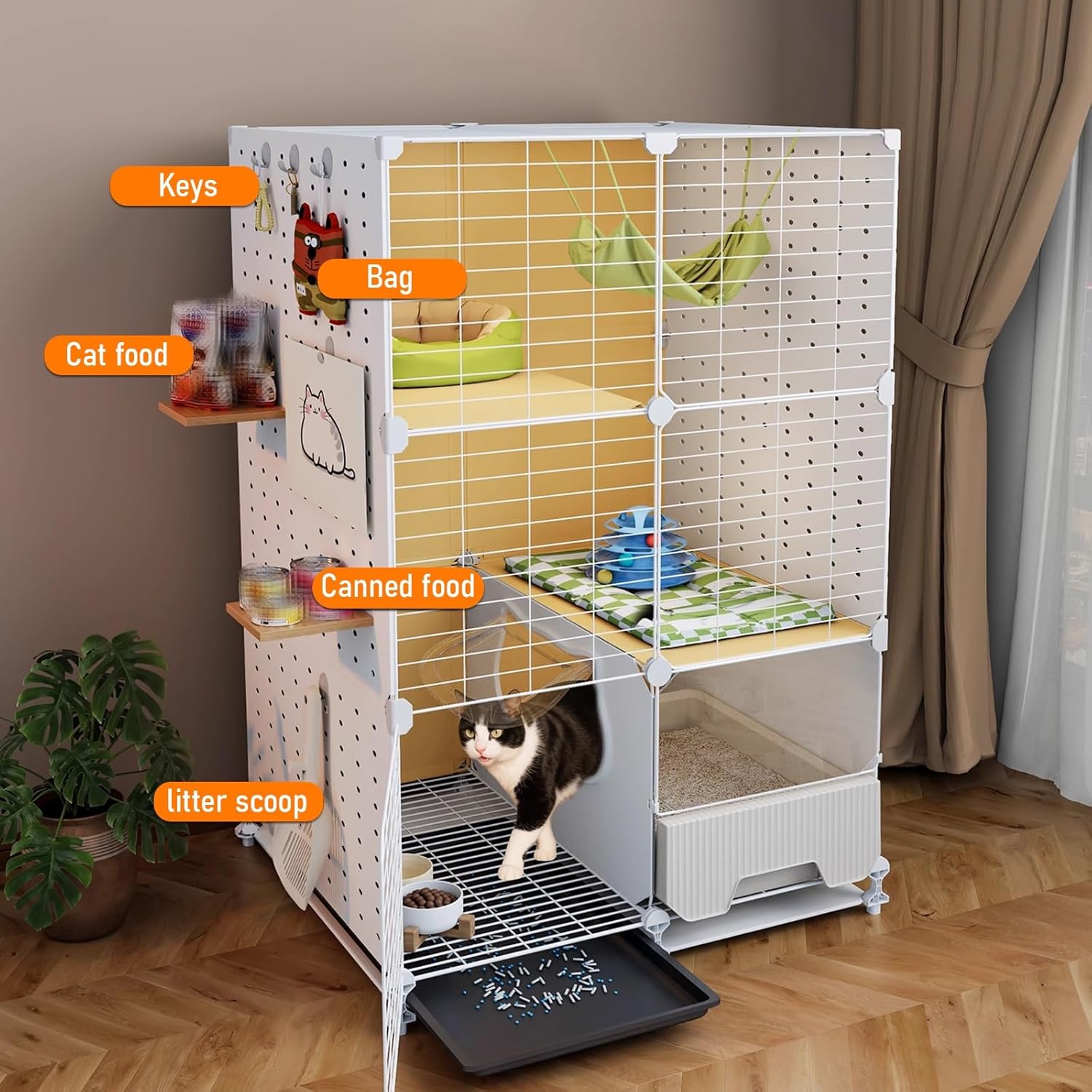 Indoor Cat Cage with Litter Box, Pull-Out Tray, Iron Wire Frame with PP Panels, Multi-Level Zones Pet Playpen for Apartments/Small Homes(72x36x113cm)