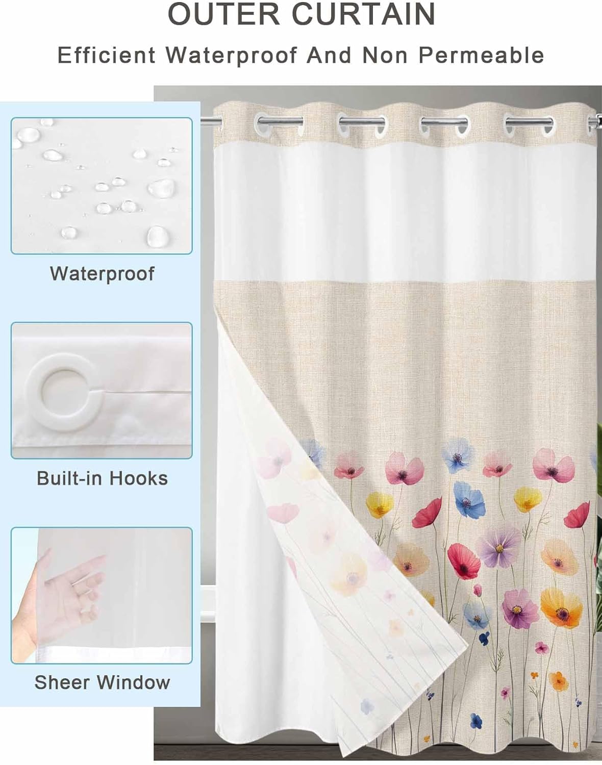 No Hook Shower Curtain with Snap in Liner Set Colorful Floral Shower Curtains for Bathroom Decor Spring Seasonal Botanical Wildflowers Waterproof Bath Curtain with See Through Top Window 72x72 Inch