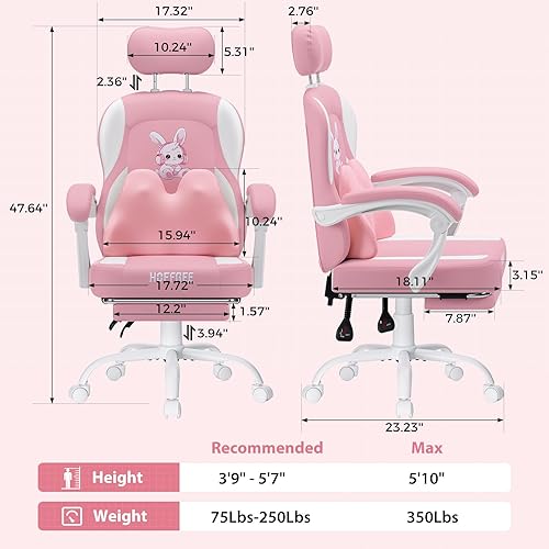 Miniatura 2 de HOFFREE Silla de juegos para computadora para niñas con lindo conejo, almohada lumbar de masaje, silla de oficina rosa para escritorio