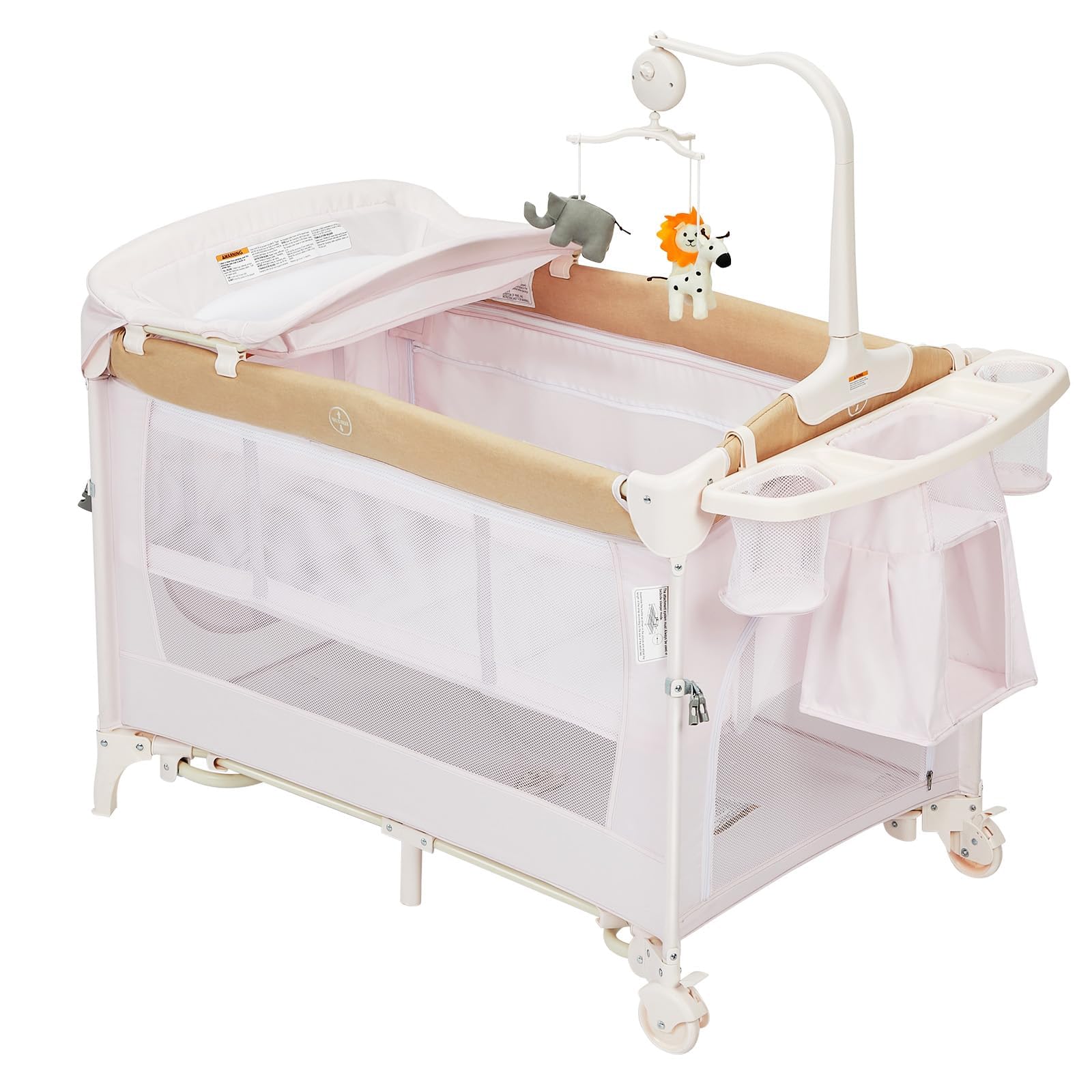 Garvee Lit Parapluie Bébé 5-en-1, Berceau Bébé, Lit de Voyage Pliable | sur Roulettes, avec Carrousel, Table à Langer et Parc de Jeu, Sac de Transport Inclus, pour Bébé Jusqu'à 15 kg, Kaki