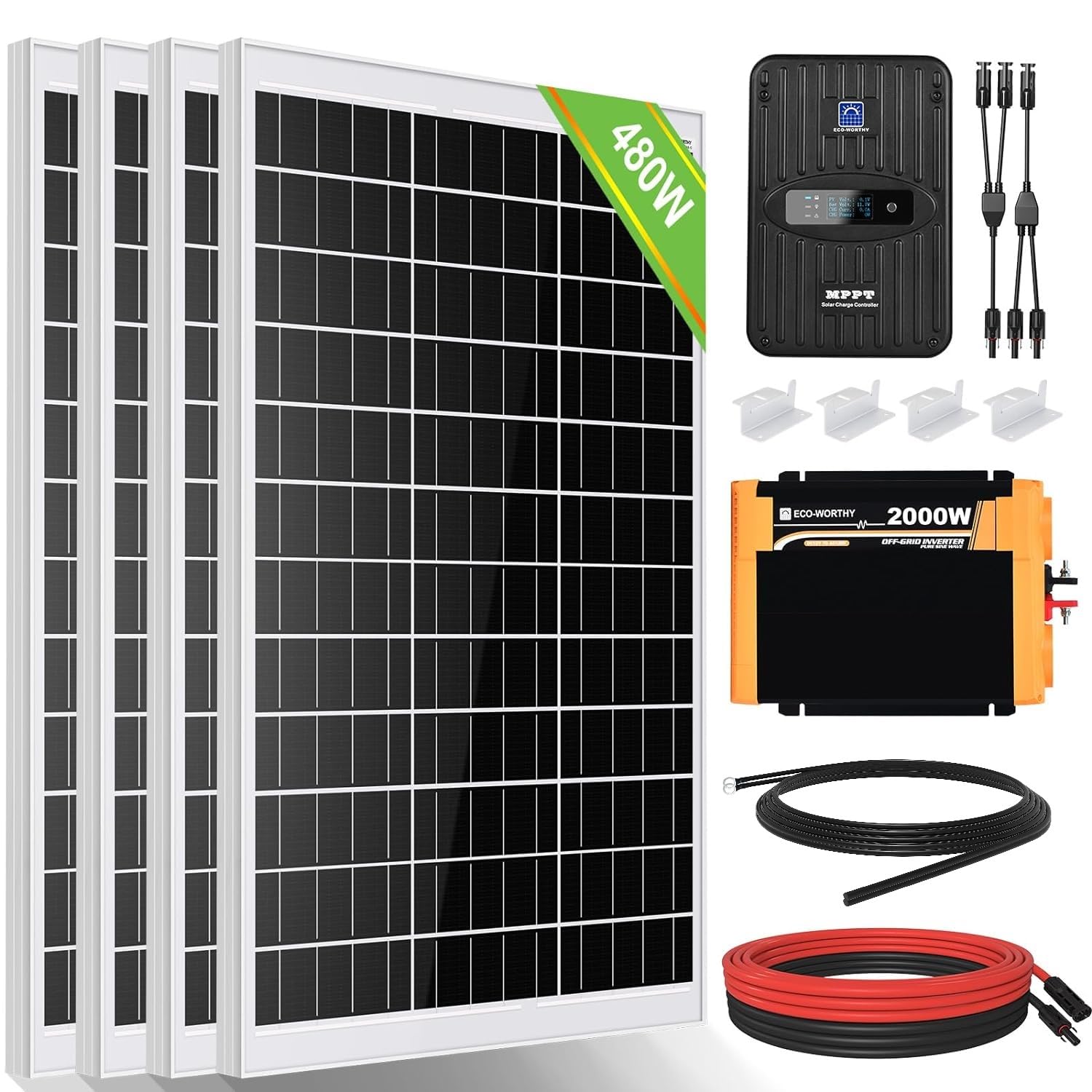 ECO-WORTHY 2 Kwh 0% VAT Solarsystem 480W mit Wechselrichter und Batterie Netzunabhängig für Wohnmobil: 4 PC 120W Solarpanel + 40A MPPT Laderegler+Bluetooth Modul +2000W DC 12V AC 230V Wechselrichter