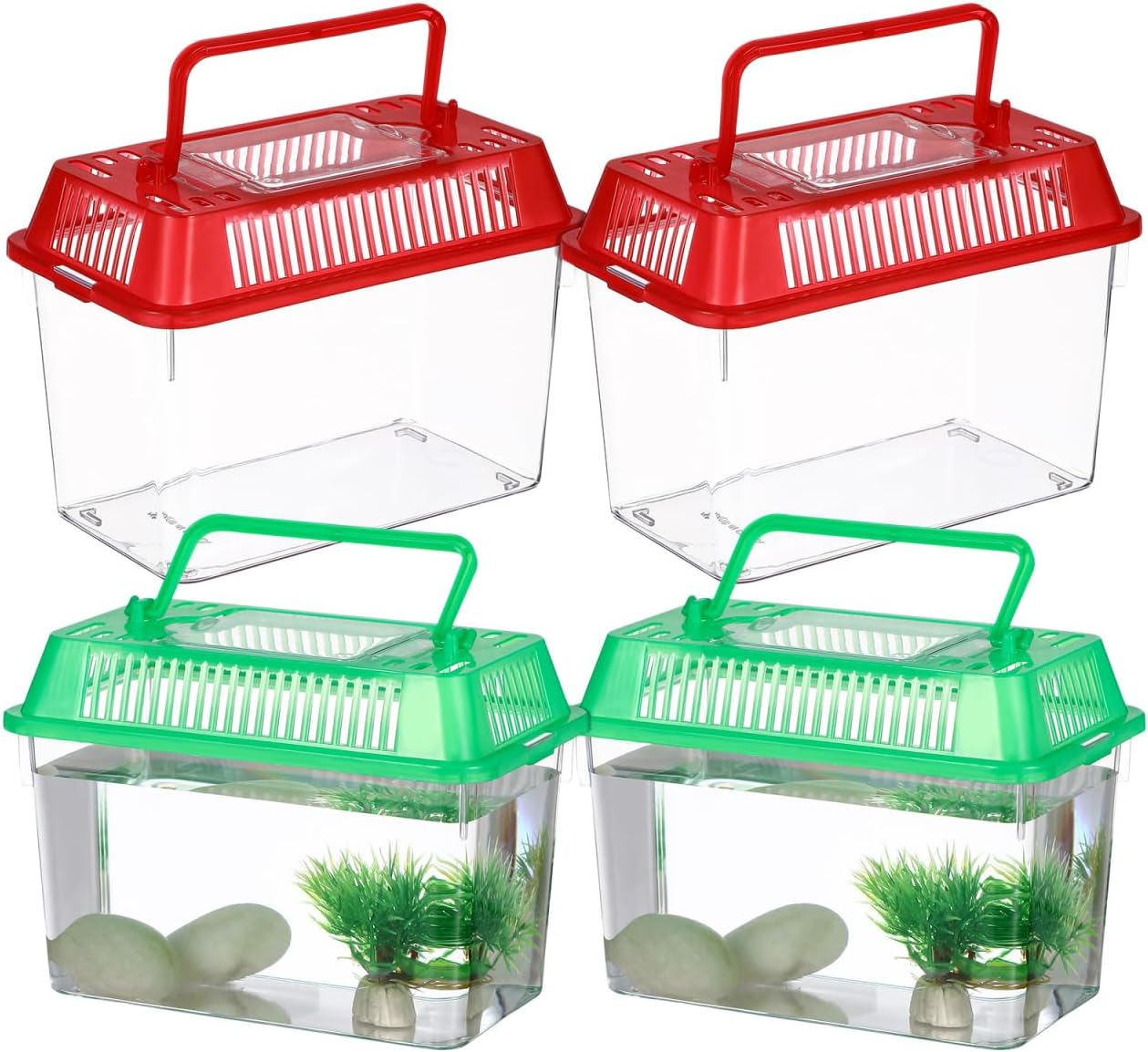POPETPOP 4 Pcs Plastic Small Fish Tank: Mini Reptile Terrariums Carrier Cage, Transparent Portable Reptile Enclosure for Jumping Spider, Snake, Fish, Turtle (Random Color Lid)