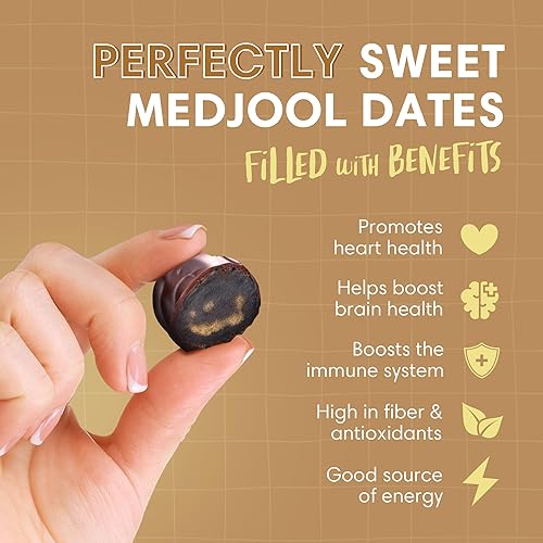 Miniatura 91 de DORREL - Dátiles cubiertos de chocolate negro belga (Medjool) con relleno de cacahuetes salados, aperitivo de chocolate vegano de alta energía