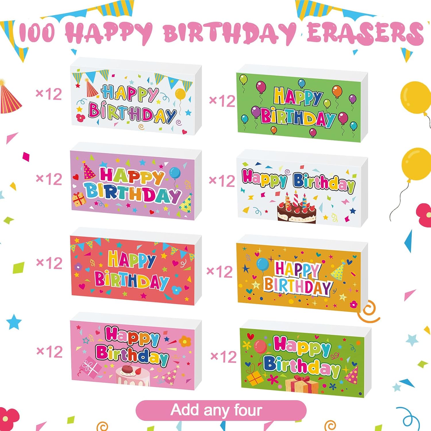 Dunzoom 100 Pcs Happy Birthday Erasers Bulk Mini Erasers for Classroom Fun Assortment Birthday Gifts for Back to School Teacher Reward Party Supplies, 8 Styles, 1.6 Inch