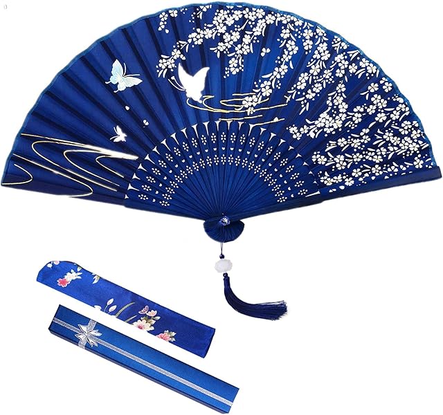 VEGCOO Hand Folding Fan, Silk Fabric Fan Handheld Folding Fan With Lotus Pendent/Silk Fan Bag/Fan Gift BoxHand Fan for Party Gift Wedding Decoration (Blue)