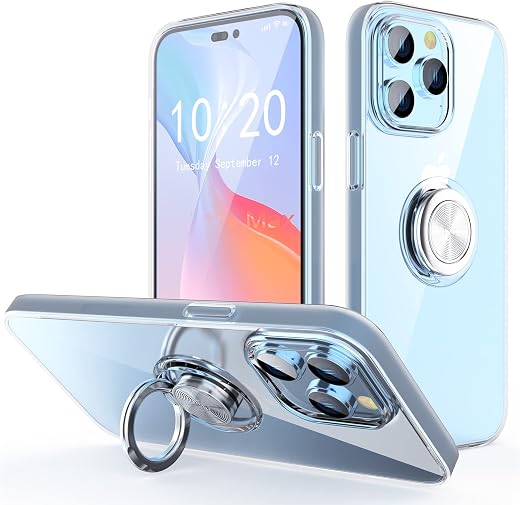 Case for iPhone 14 Pro Max, Clear Body Soft TPU Shockproof Case with 360 Degree Rotation Ring Kickstand(Work with Magnetic...