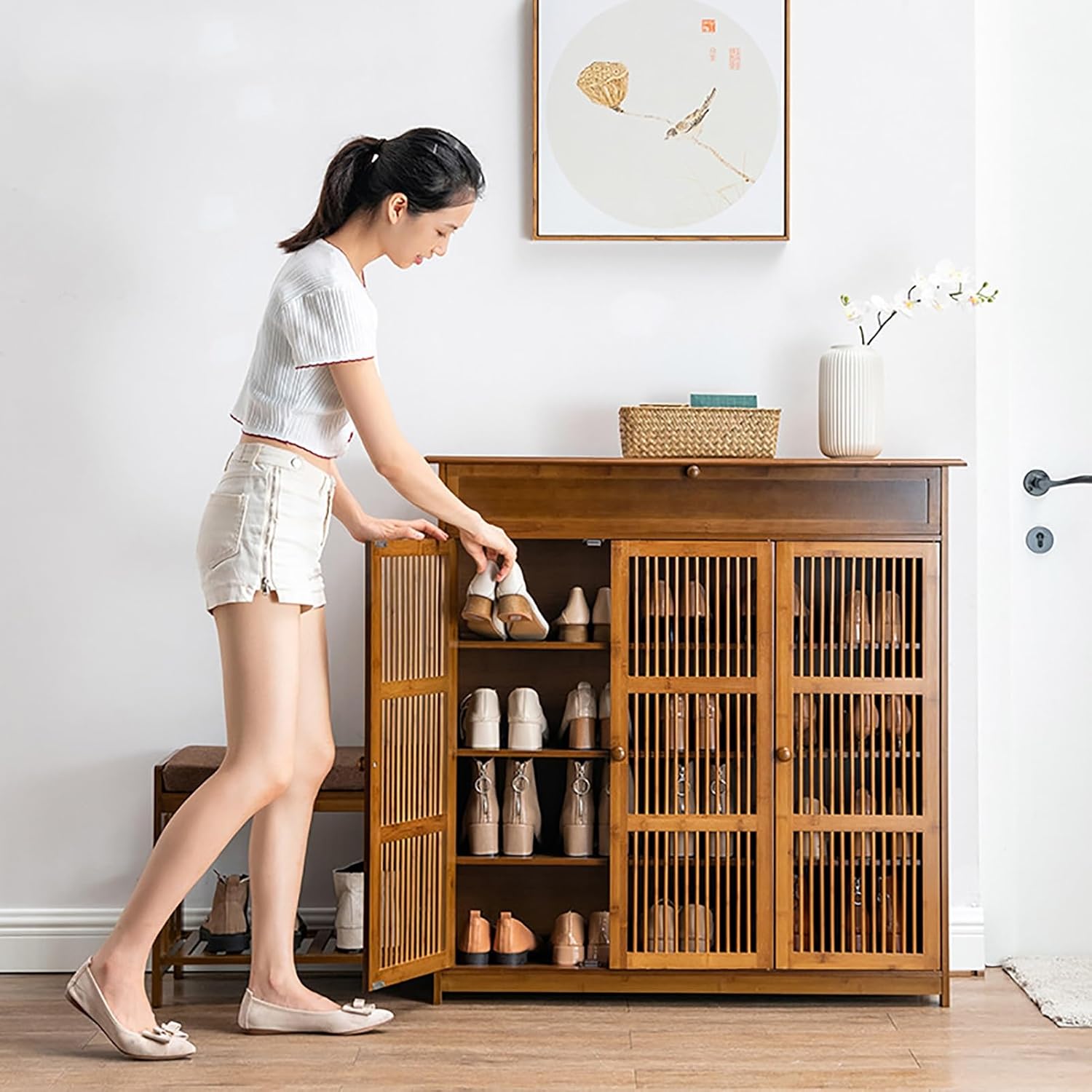 Shoe Storage Cabinet Cabinets Hallway Slim Cupboard Cupboards Hallways Slimline，Bamboo Shoe Cabinet Bench Organizer for Entryway Storage Closet, Holds 14-22 Pairs of Shoes - 2 Doors