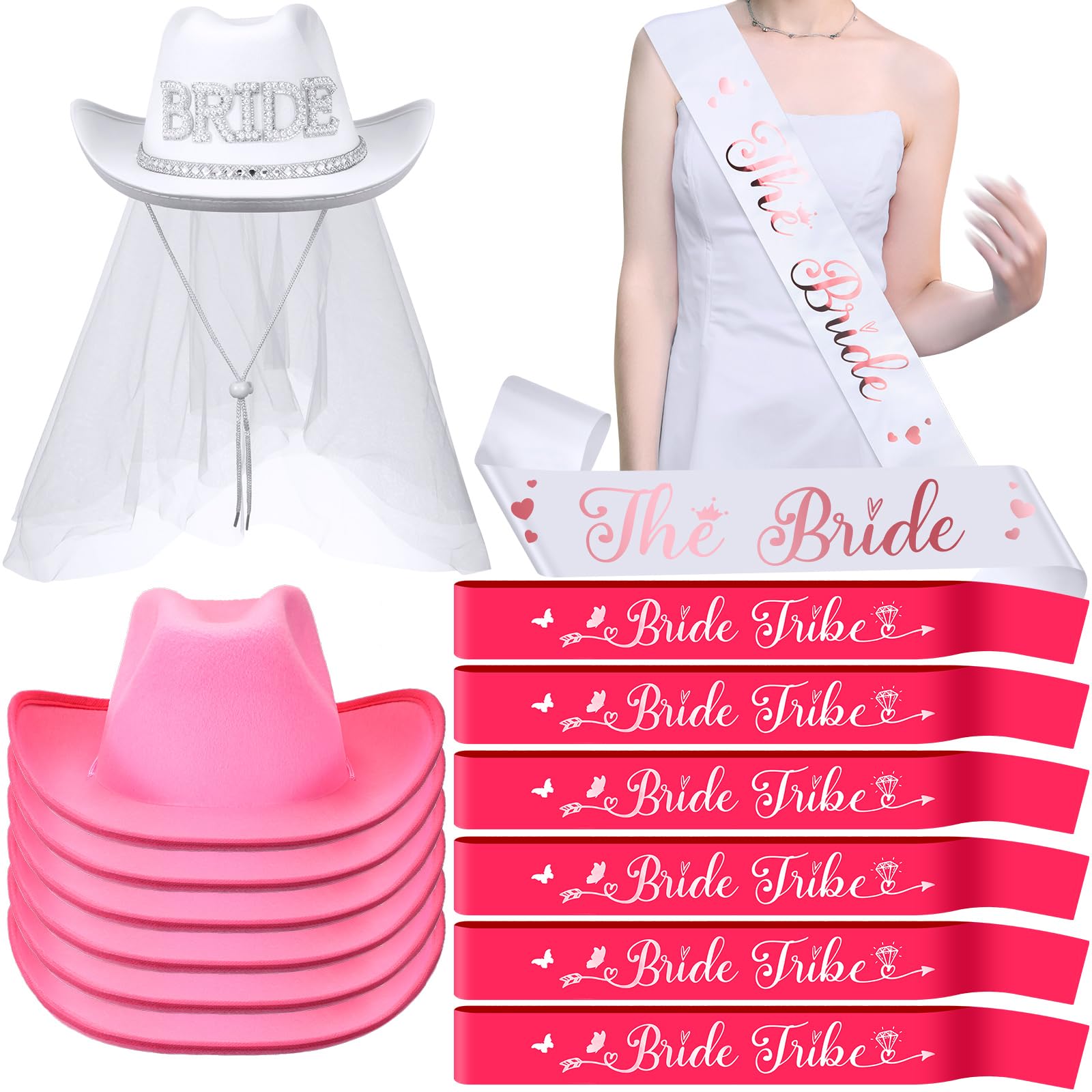 Newcotte 14 Pcs Bride Cowgirl Hat with Veil and Satin Sash Bachelorette Cowboy Hats Set for Wedding Party Bridal Shower Decor