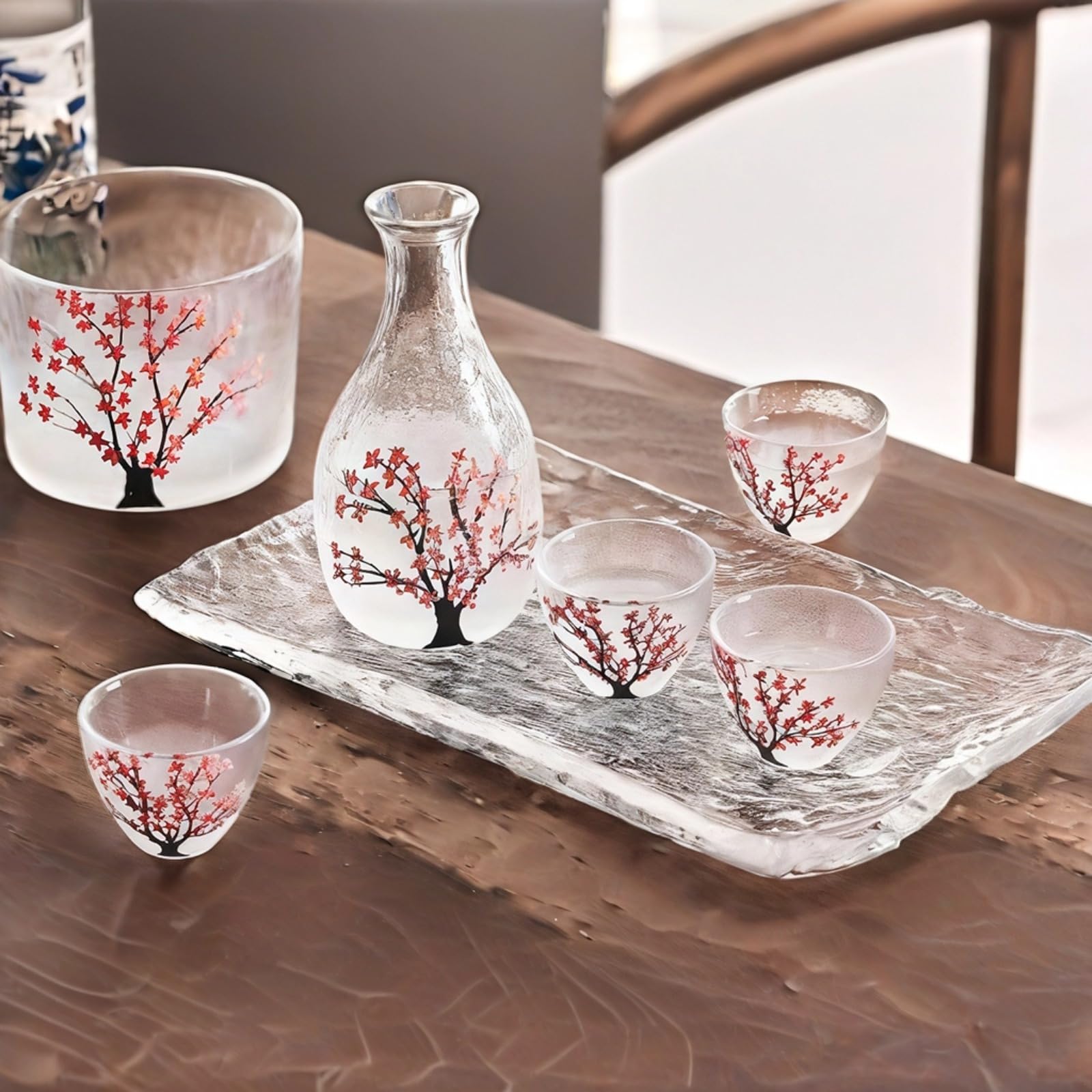 Elegante set per sakè in vetro con motivo a fiori di ciliegio, caraffa, 4 tazze, scaldavivande incluso per degustazione di liquori tradizionali