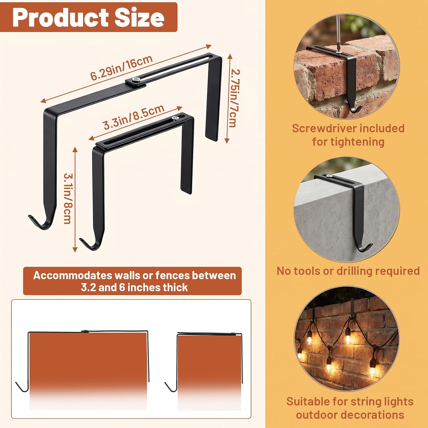 12 Pcs No Drill String Light Hangers 3.2-6 Inch Outdoor Concrete Wall Hooks | Adjustable, Metal, Cinder Block Wall Hangers, Light Hooks, for Concrete, Cinder Block, Brick Walls