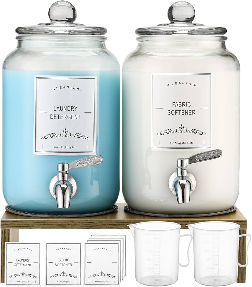 2-Pack Glass Laundry Detergent Dispenser with Stand, 106oz Leak-Proof Glass Fabric Softener Dispenser- Laundry Soap Dispenser-Reusable Container for Kitchen & Bathroom Storage