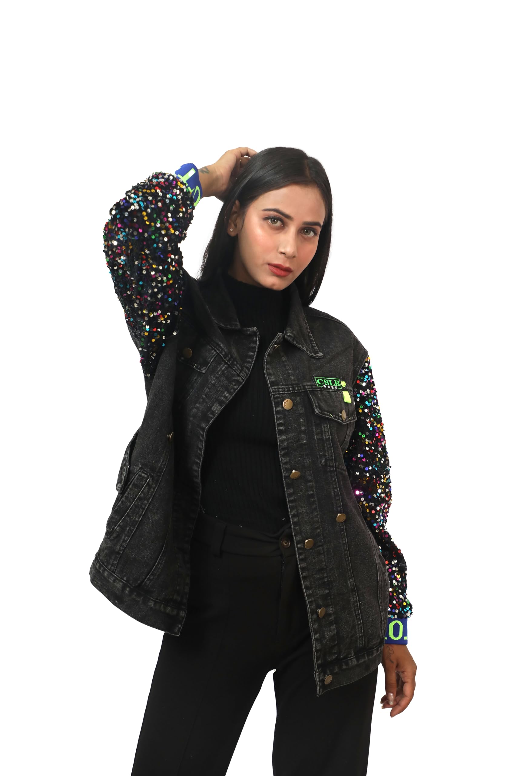 Women Sequin Denim Jackets Sparkly Bomber Jackets V-Neck Long Sleeve light Blue Collared Buttoned Twill Tape Detailing Solid Denim Jacket. (free-size)-image-10