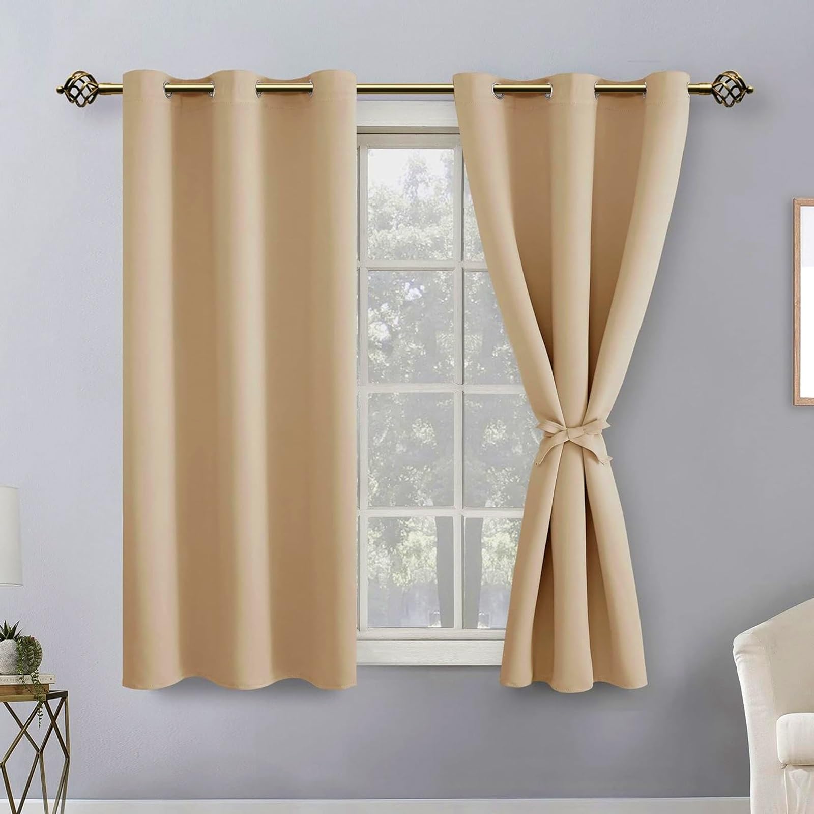 Verdunklungsvorhänge mit Ösen 145 x 60 cm Sonnenschutz Schalldämmung, Gardinen Extra Breit Thermovorhang, mit Raffhalter für Curtains Living Room Büro, Beige
