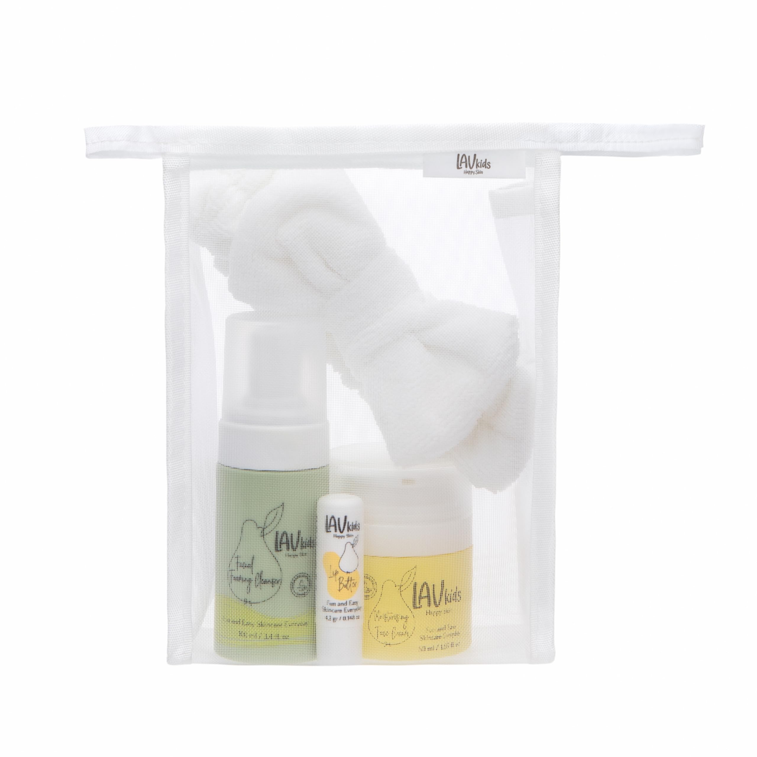 LAV Moisturising Face Care Bundle, Face Cream, Foaming Cleanser, Lip Butter with Headband (white, yellow, green)