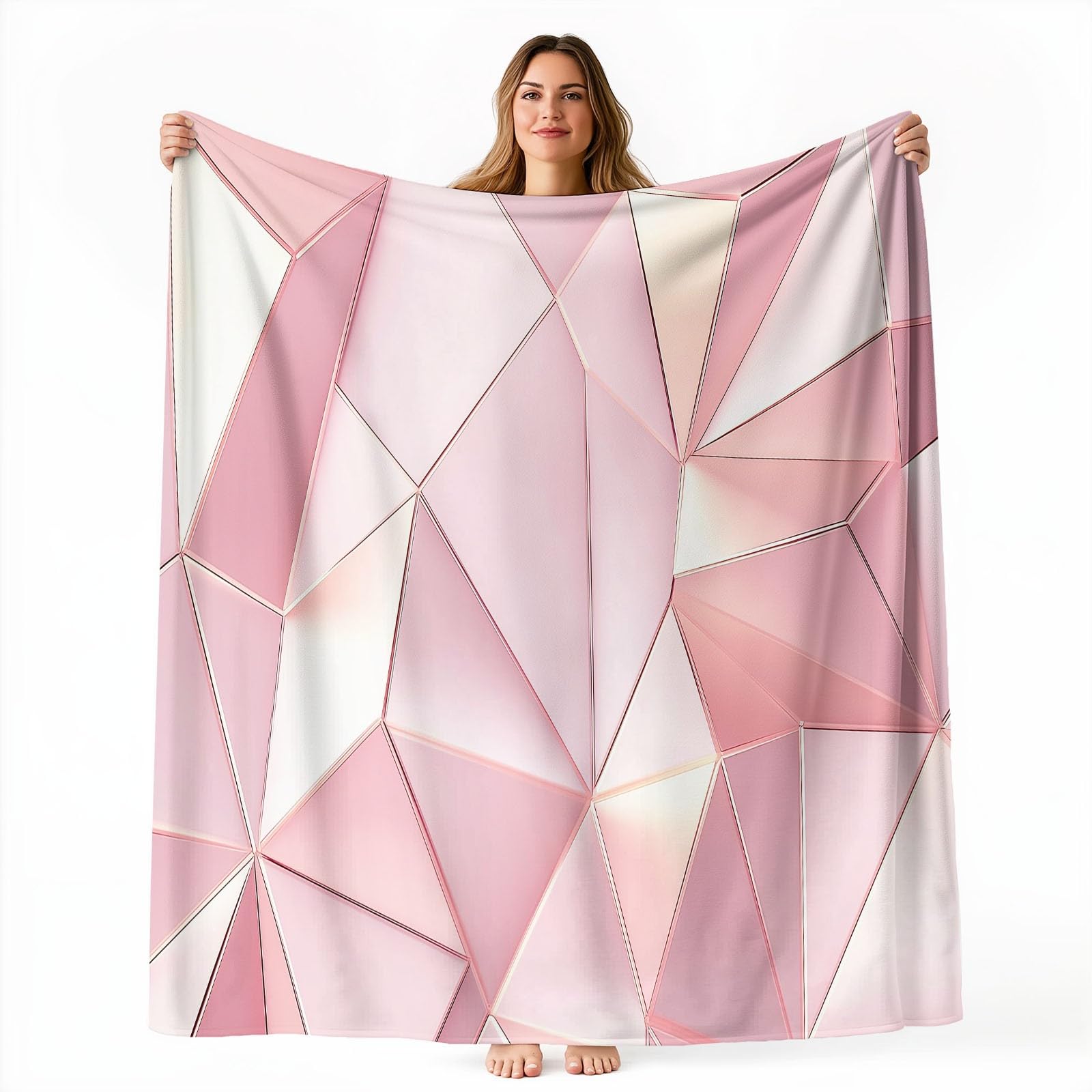 Nowy termiczny super miękki flanelowy koc narzuta na łóżko podwójne (200 x 220 cm) - różowy miękki ciepły gruby dwustronny pokrowiec na sofę, minimalizm romantyzm geometryczny koc na sofę do salonu