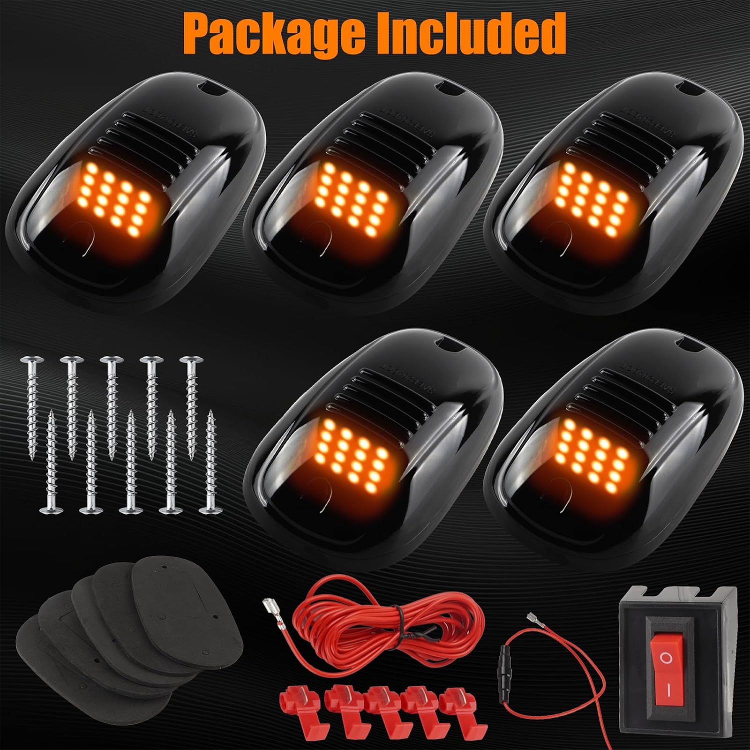 LIGBT 5PCS Amber Cab Lights for Trucks 16 LED Smoke No Drill Roof LED Running Top Marker Lights Roof Marker Lights Waterproof led cab Lights for Semi Truck Pickup