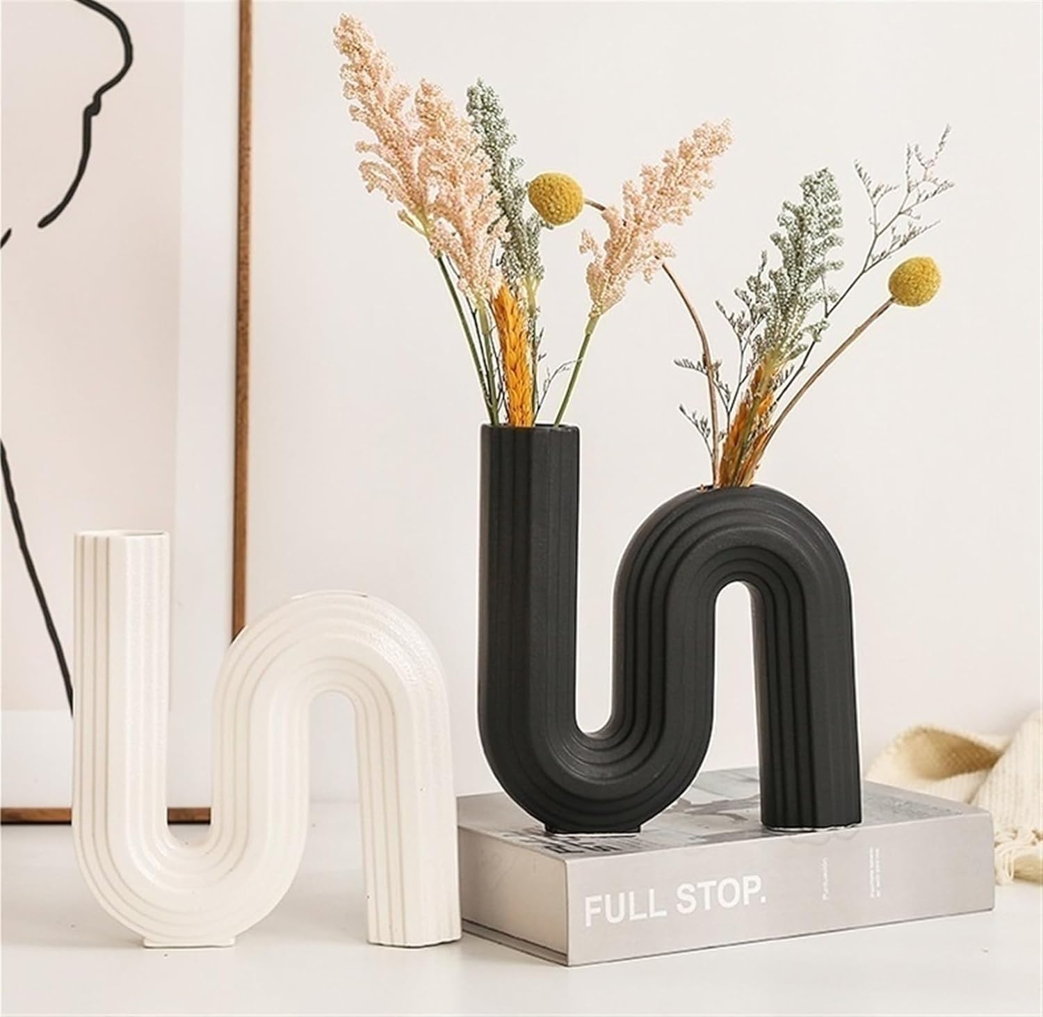 Geometric art ceramic vase, flower arrangement dried flower vase creative letter home soft decoration ornaments(black,7.9"" x 8.2"" x 1.7"")