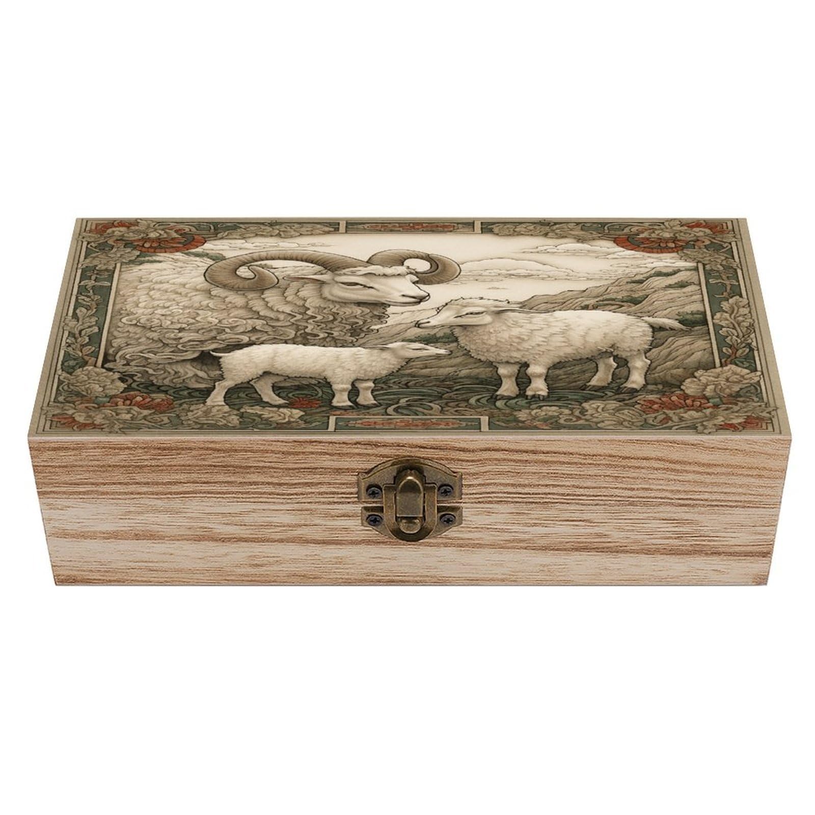 Adfgyerh Style Sheep Pattern Bins Solid Wood，Jewelry Box Retro And Exquisite，Storage Box Used For Storing Photos, Souvenirs, Letters, Gifts, And Jewelry.