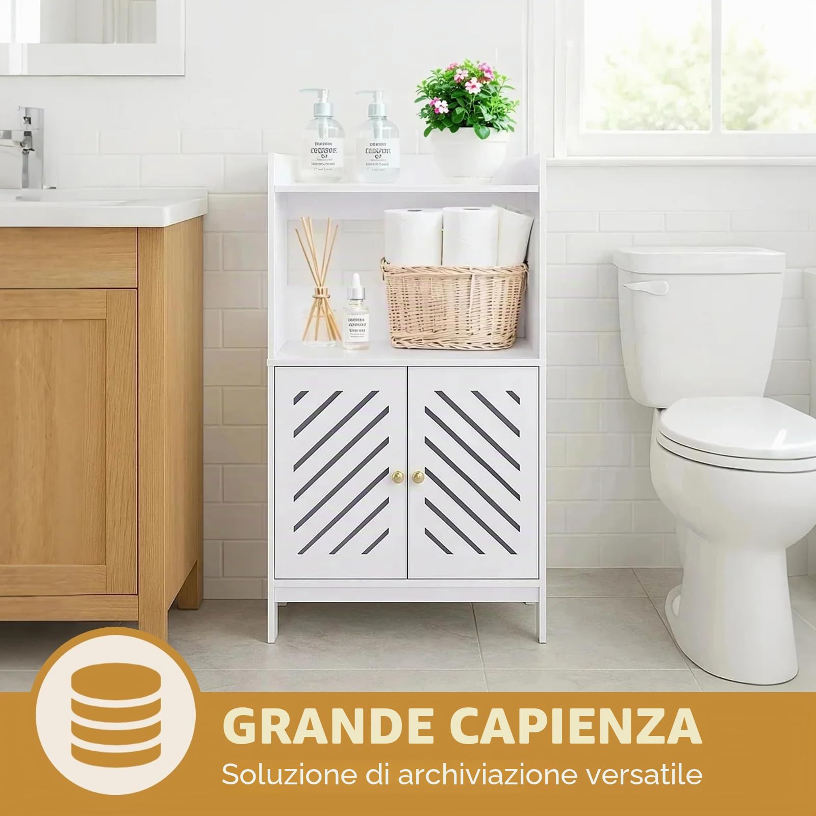 powerking Armadietto portaoggetti da bagno a 3 livelli, organizer indipendente con ante e ripiani, piccolo armadietto bianco da pavimento per bagno, WC, ufficio, soggiorno, cucina, corridoio, piccolo