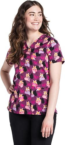 Cherokee Genuine Women Scrub Tops V-Neck Print Top 2 Pockets Tails of Love XS