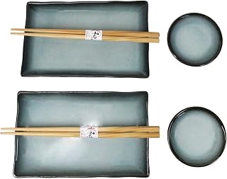 Ebros Gift Porcelain Rectangular Sushi Plates With Sauce Dishes And Chopsticks Dinnerware Set Service For 2 Japanese Chinese Cuisine Restaurant Supply (Seikai Dawn Sky)
