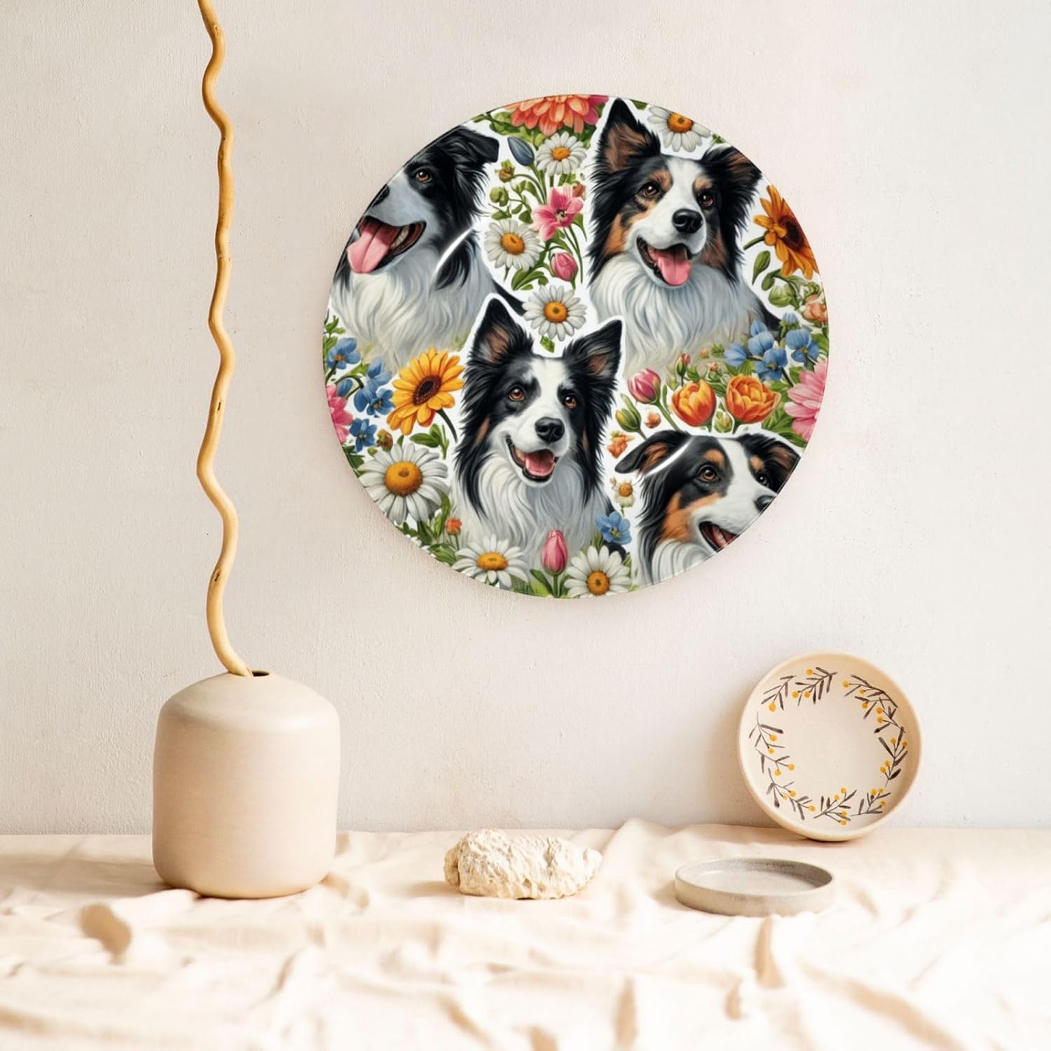 Cute-Collie-Dogs-Floral 10 Inch Decorative Plate With Stand, Elegant Display Wall Plate For Home Decor