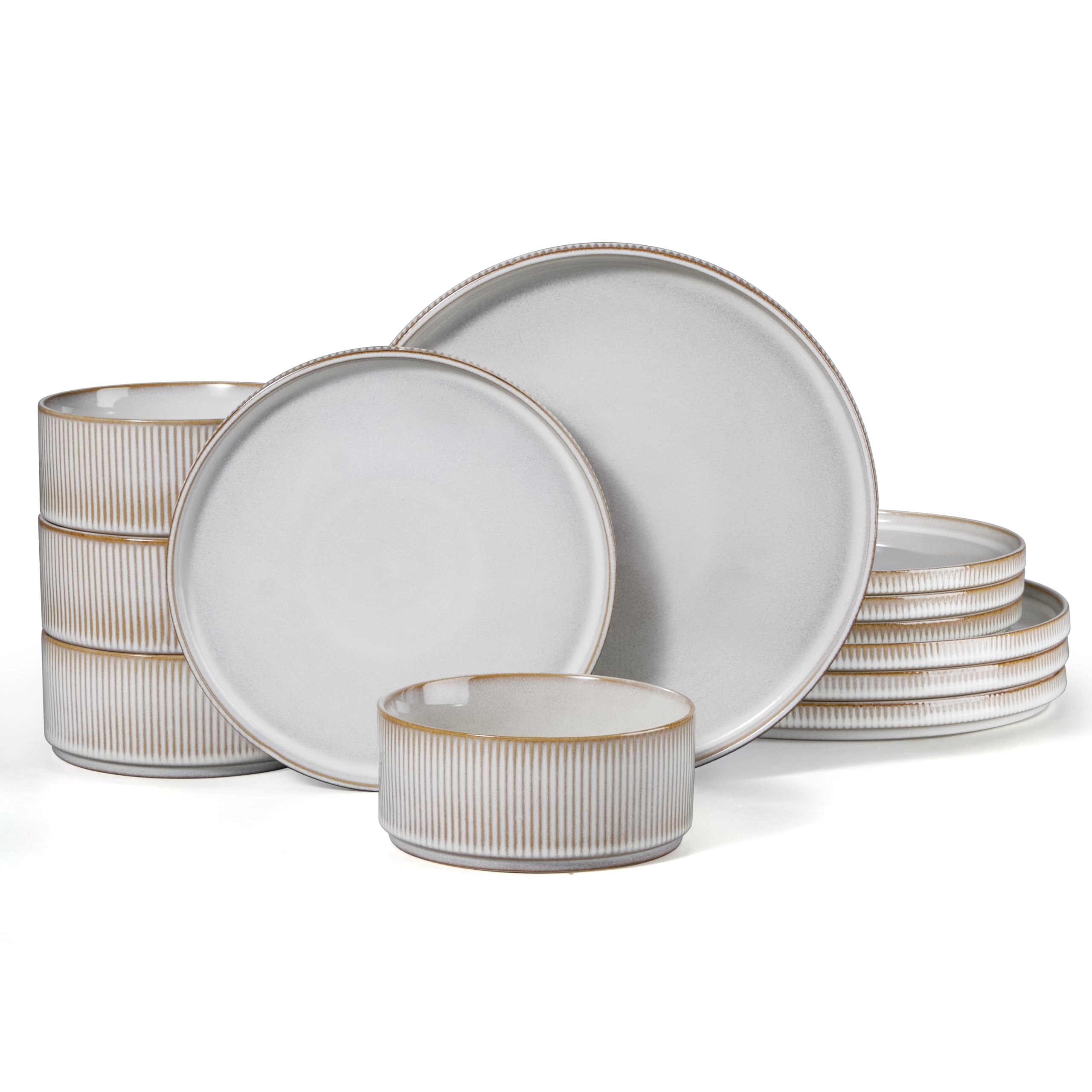 HaWare Dinner Set, 12 PCS Stoneware Plates and Bowls Set, Creamy Beige