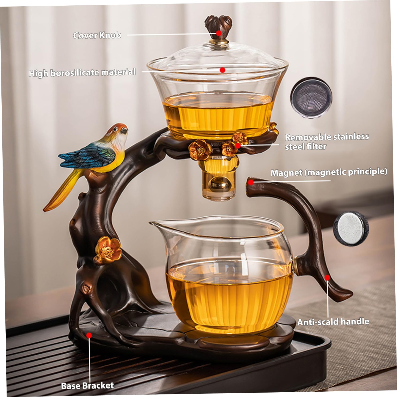 Juego de té semiautomático, tetera magnética de vidrio de alto borosilicato con infusor, tetera mágica de 300 ml + 460 ml, juego de té Kung Fu de 7, 8x4, 9x10, 4 para viajes en casa y oficina.