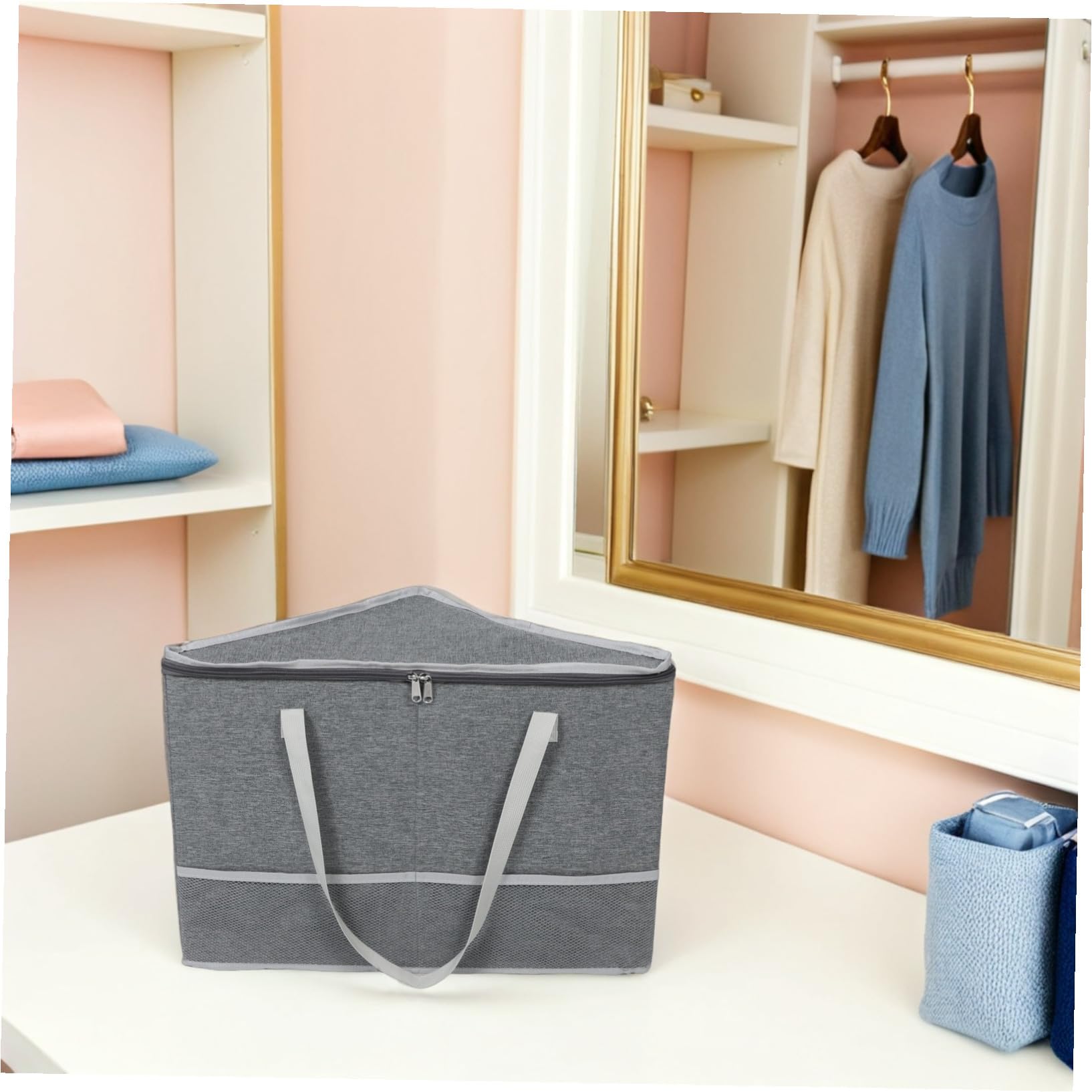 Dreieckige Kleiderbügel-aufbewahrungsbox mit Reißverschlussdeckel Stabiler Organizer für Mehrere Kleiderbügel Platzsparender Korbstapeler aus Polyester für Schrank und Waschküche