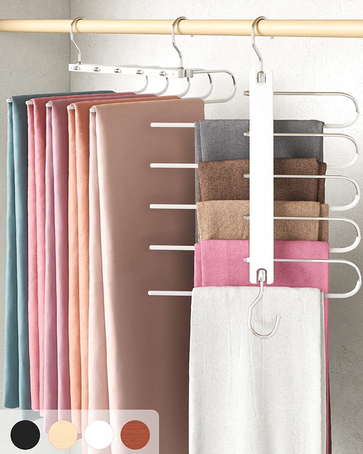 MahMir Magic Pants Hangers, Space Saving Closet Hangers 5 Layers Multi Functional Pants Rack | Solid Metal & Wood Heavy Duty Wardrobe Organizer Racks for Clothes Trousers Scarves Ties (1-Pack White)