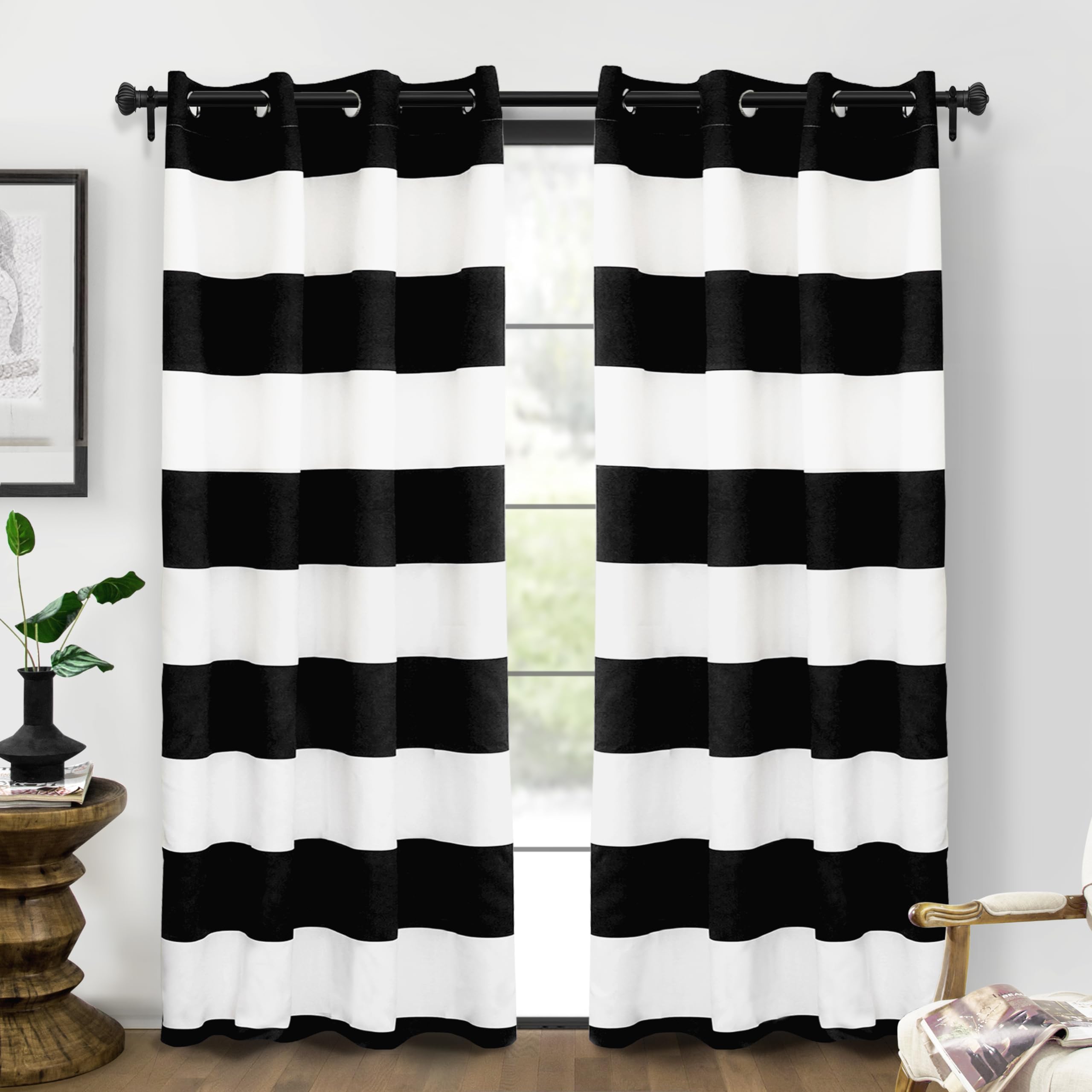 DriftAway Black Striped Room Darkening Curtains Horizontal Stripe Classic Grommet Drapes for Bedroom Living Room Kitchen Thermal Insulated Window Panels for Holidays Daily