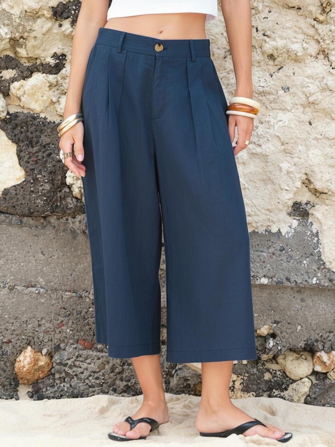 EXLURA Womens Cotton Linen Capri Pants Summer Wide Leg High Waist Casual Cropped Pant Palazzo with Pockets Beach Travel 2026 - Image 3