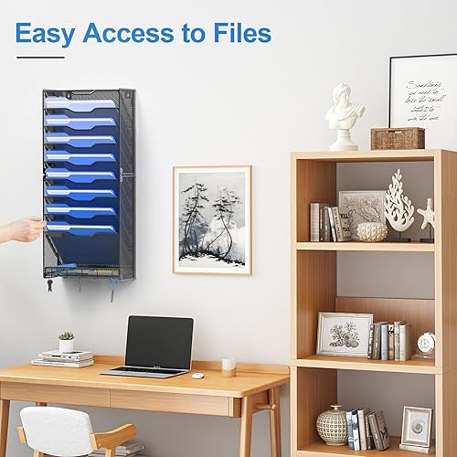 Miniatura 3 de OUTWOLF Organizador de archivos de pared colgante de 10 niveles, soporte de carpeta de documentos de papel con ganchos para organización de oficina