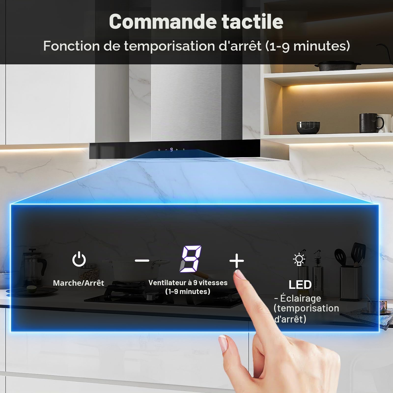 TopStrong Hotte aspirante 60cm, hotte aspirante circulant air/air évacué, 700 m³ / h, hotte Extractive en Acier Inoxydable, contrôle Soft Touch 9 étapes et