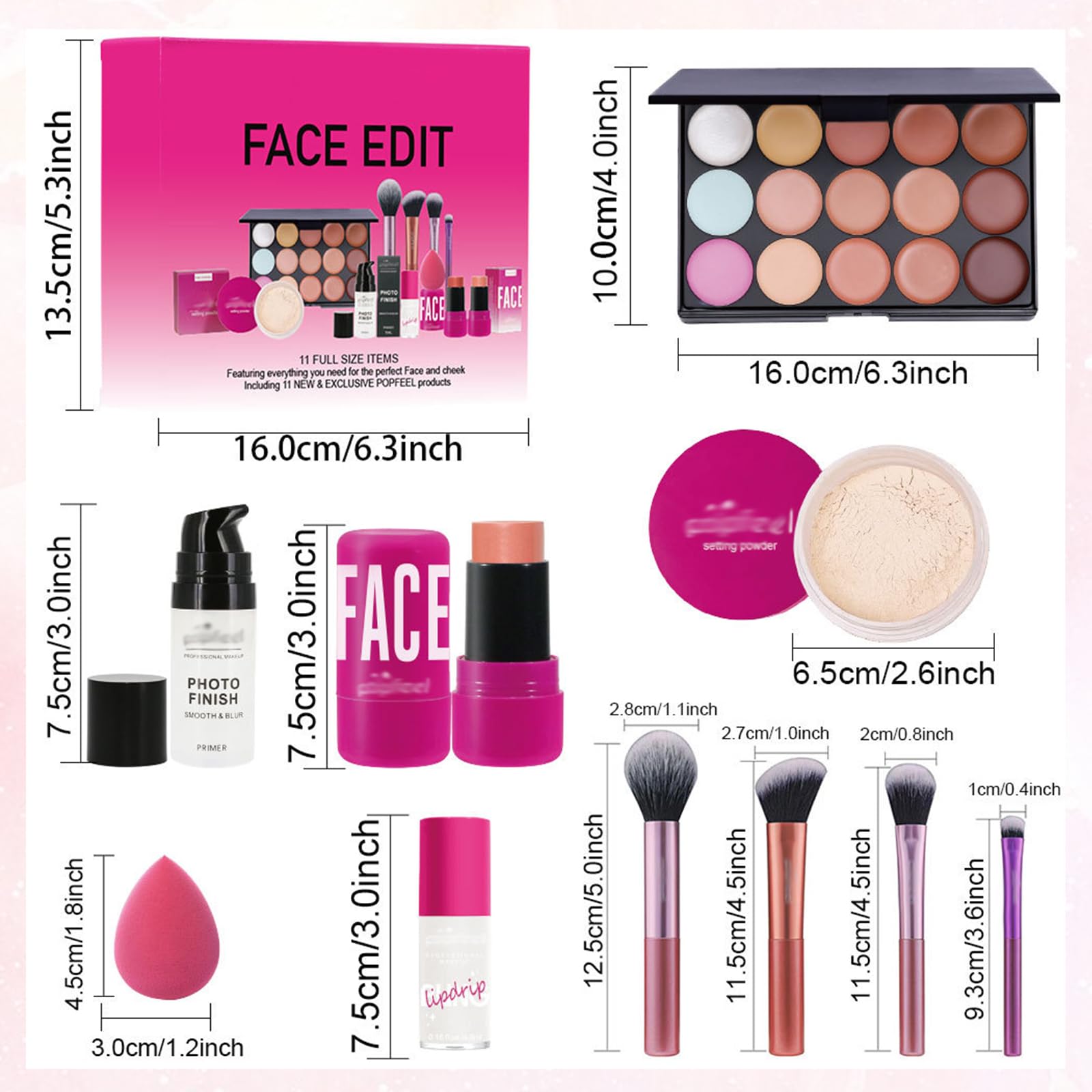 All in One Makeup Kit, 15 Colors Concealer Palette with Face Stick Powder Primer Lip Oil Puff Oval Brush - Image 2