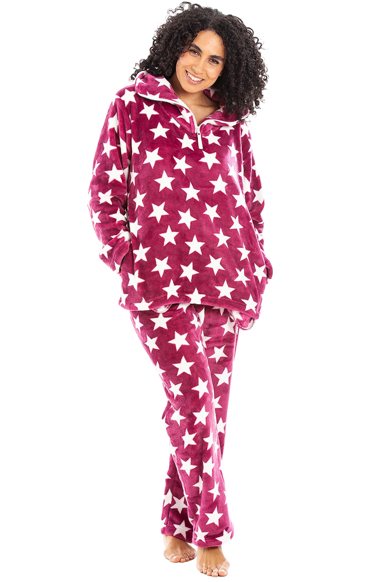 Camille Conjunto de Pijama de 2 Piezas súper Suave para Mujer, Conjunto de Pijama de Forro Polar Grueso con Estampado de Estrellas Blancas, Manga Larga y Cintura elástica para máxima Comodidad y