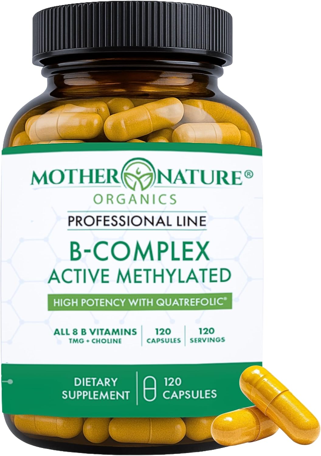 Mother Nature Organics Methylated B Complex – Bioactive B Vitamins with Methyl B12, B1, B3 Niacin, B6, Folate & Biotin – Supports Energy, Brain, Heart & Metabolism – 120 Capsules, Non-GMO, Gluten-Free