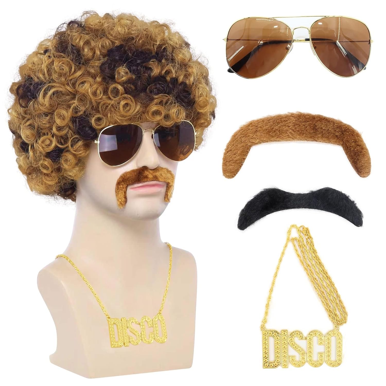 Tembol 70s Disco Wigs, Afro Wig Men 5pcs Set, 80s Costumes
