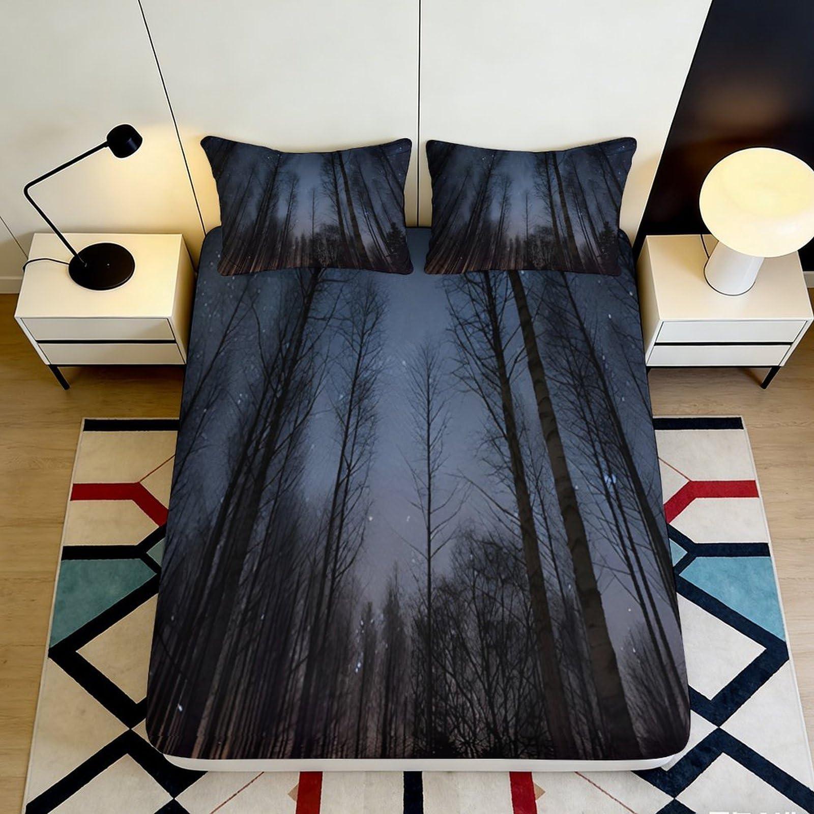 3D Printed Night Forest Fitted Sheet Microfiber Soft Breathable Starry Sky Mattress Cover for Bedroom Dormitory Guest Room Protection and Decor 160x200x25cm