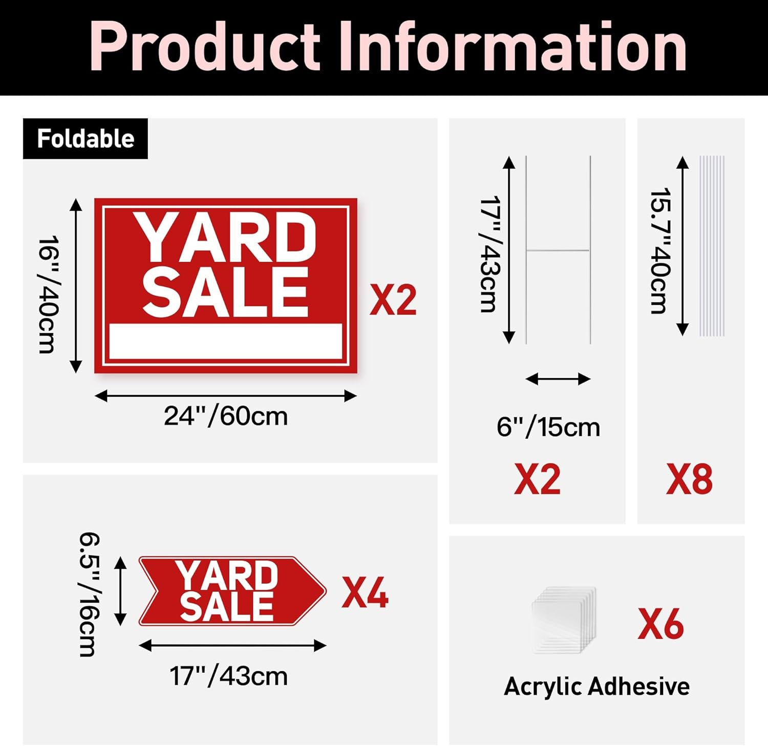 6 Pcs Yard Sale Signs with Stakes, 2-Pack Extra-Large Yard Sale Signs 24" x 16" and 4-Pack Arrow Sale Signs 17" x 6", Double-Sided Waterproof Yard Signs for Yard Sale Kit and Supplies